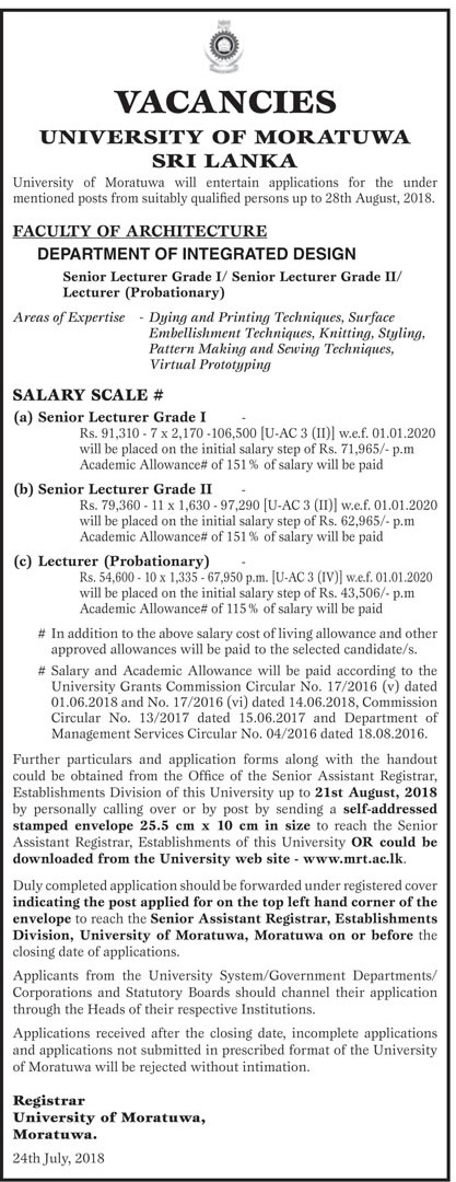 Senior Lecturer, Lecturer - University of Moratuwa